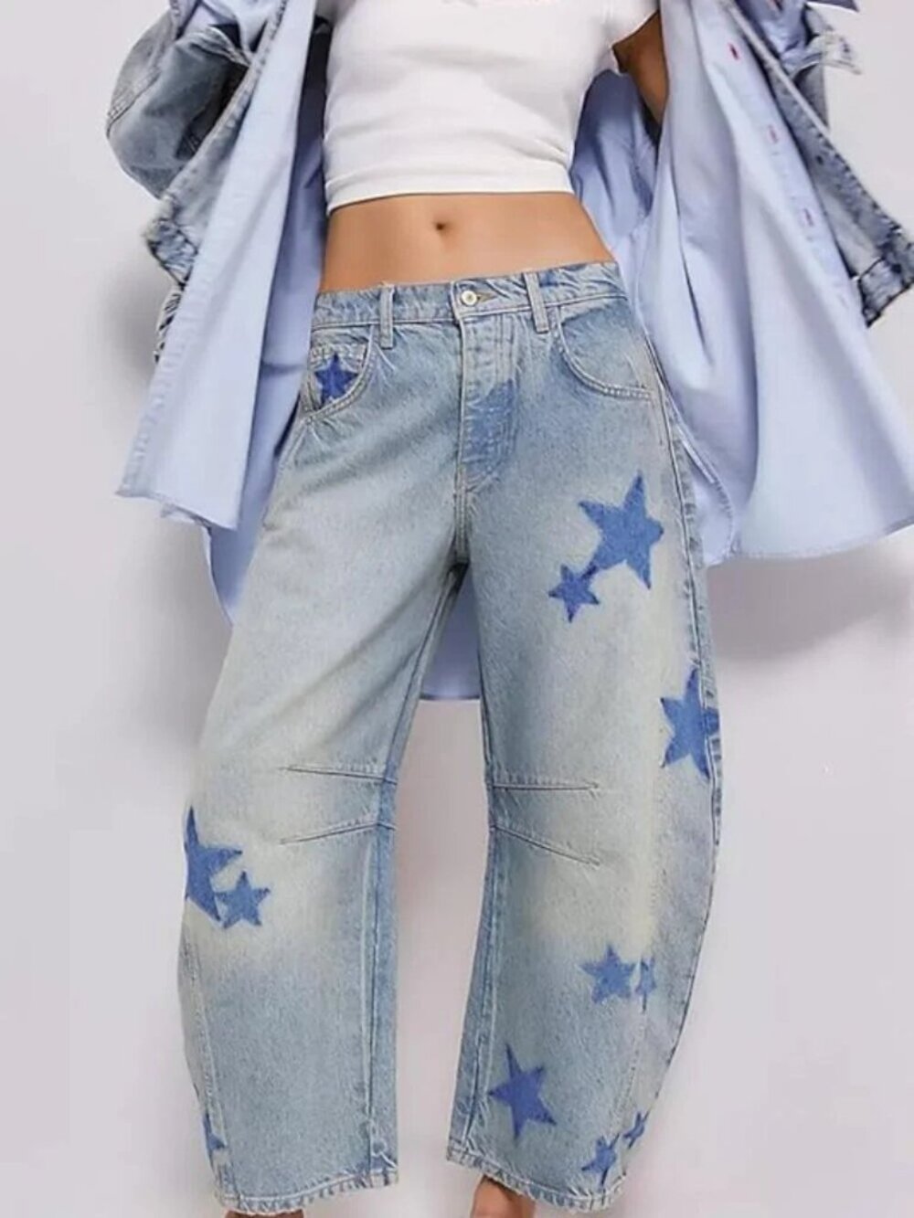 Star Contrast Pattern Light Wash Baggy Weekend Barrel Style Jeans Pants Trousers